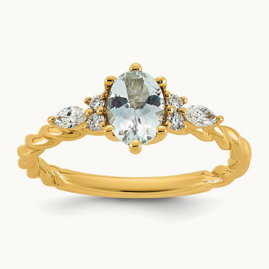 Polished Diamond and Aquamarine Twisted Ring, 14K