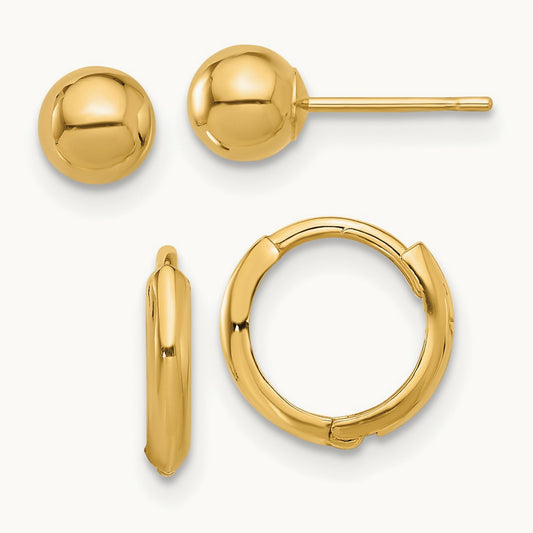 Polished Ball and Hinged Hoop Earring Set, 5mm, 14K