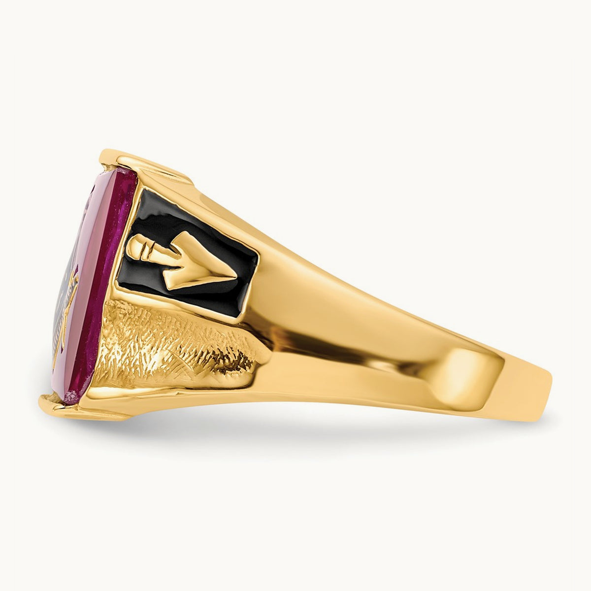 Men's Textured w/ Black Enamel & Lab Cr. Ruby Masonic Ring, 14K