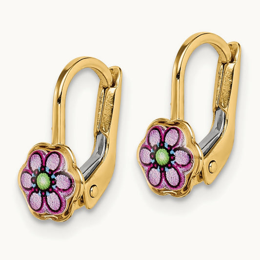 Children's Enamel Flower Leverback Earrings, 14K