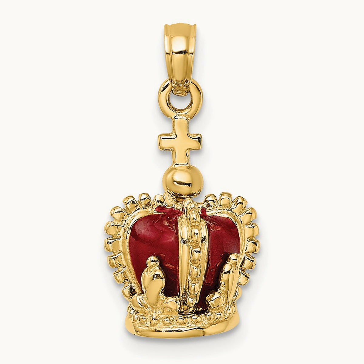 3-D w/ Red Enamel Inside Crown w/ Cross On top Charm, 14K