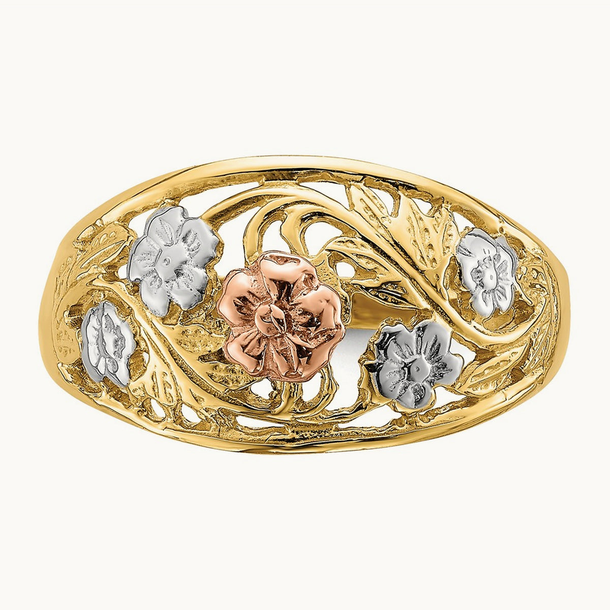 Tri- Color w/White Rhodium Floral Dome Ring, 14K