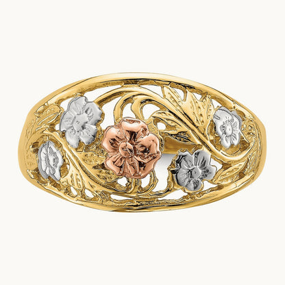 Tri- Color w/White Rhodium Floral Dome Ring, 14K