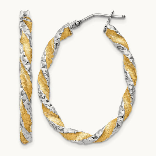 Twisted Diamond-cut Oval Hoop Earrings with yellow rhodium — 19mm