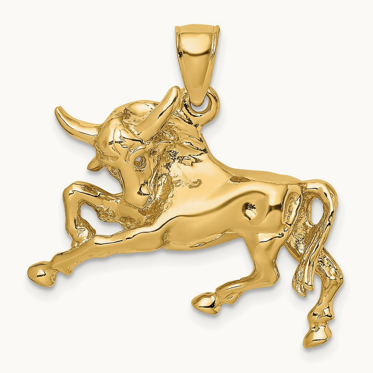 Polished Raging Bull with Horns Charm, 14K