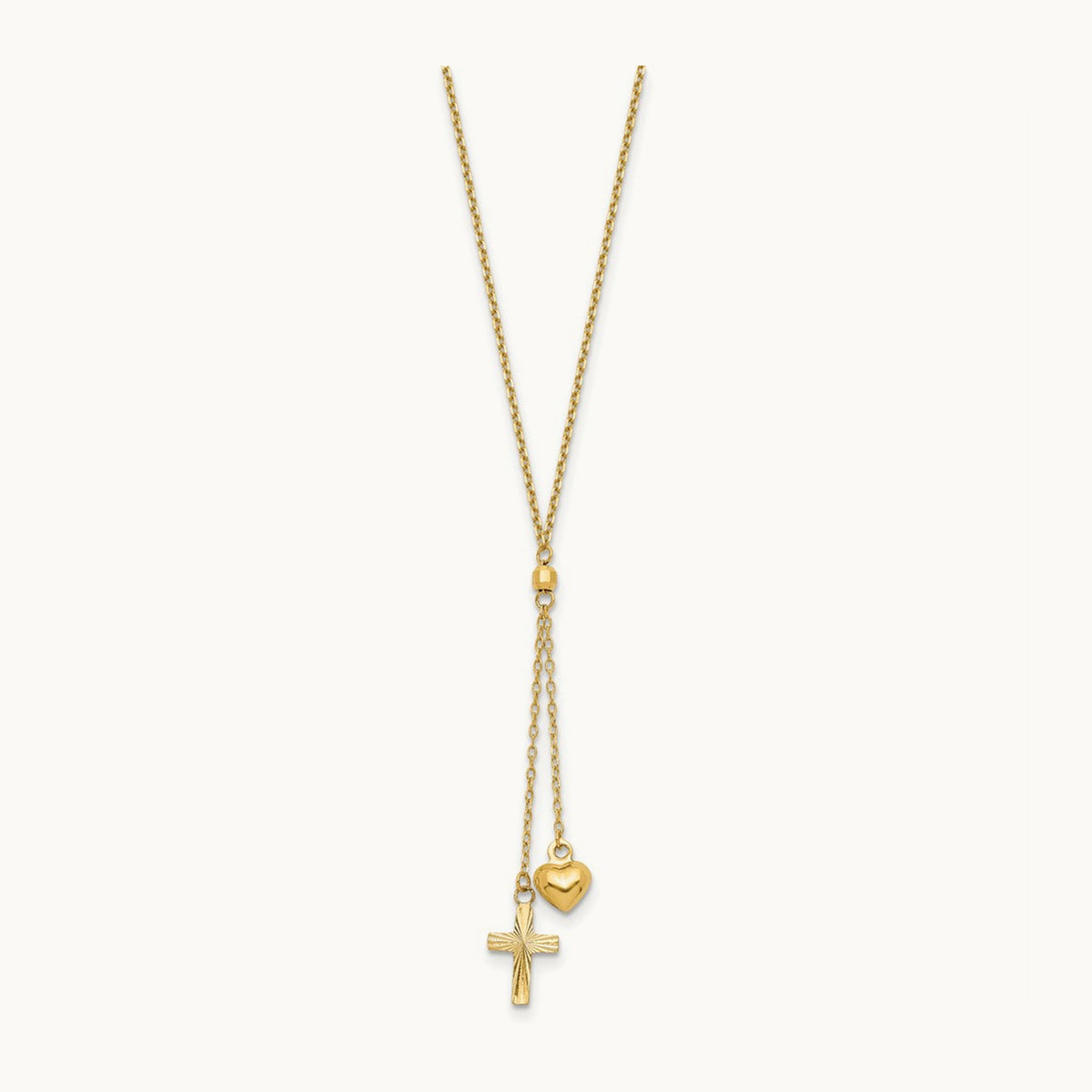 Puffed Heart & D/C Cross W/2 IN Ext Necklace, 14K