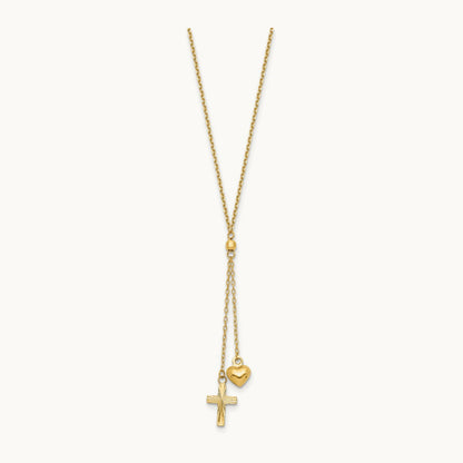 Puffed Heart & D/C Cross W/2 IN Ext Necklace, 14K