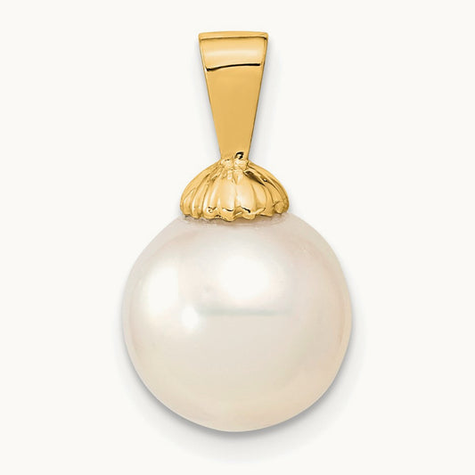 10- White Round Saltwater Cultured South Sea Pearl Pendant, 11mm, 14K