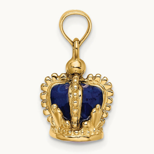 3-D w/ Blue Enamel Inside Crown Charm, 14K