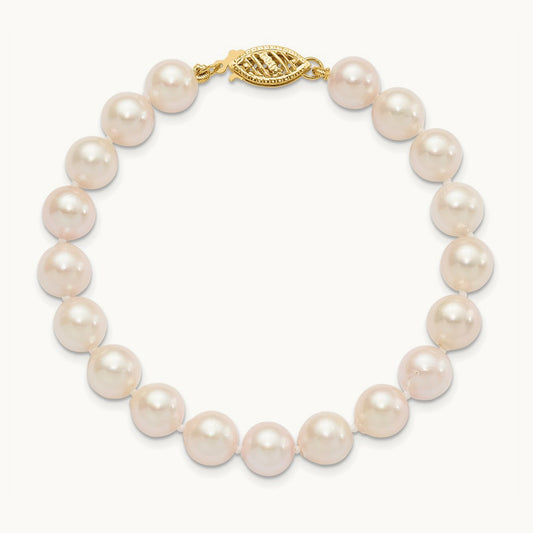 7- Round White Saltwater Akoya Cultured Pearl Bracelet, 8mm, 14K
