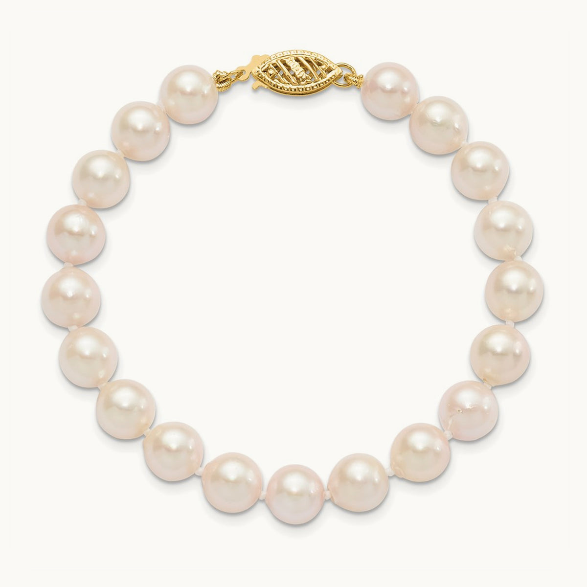 7- Round White Saltwater Akoya Cultured Pearl Bracelet, 8mm, 14K