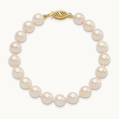 7- Round White Saltwater Akoya Cultured Pearl Bracelet, 8mm, 14K