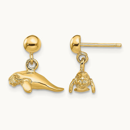 3-D Polished Mini Manatee Dangle Earrings — 14K Yellow Gold