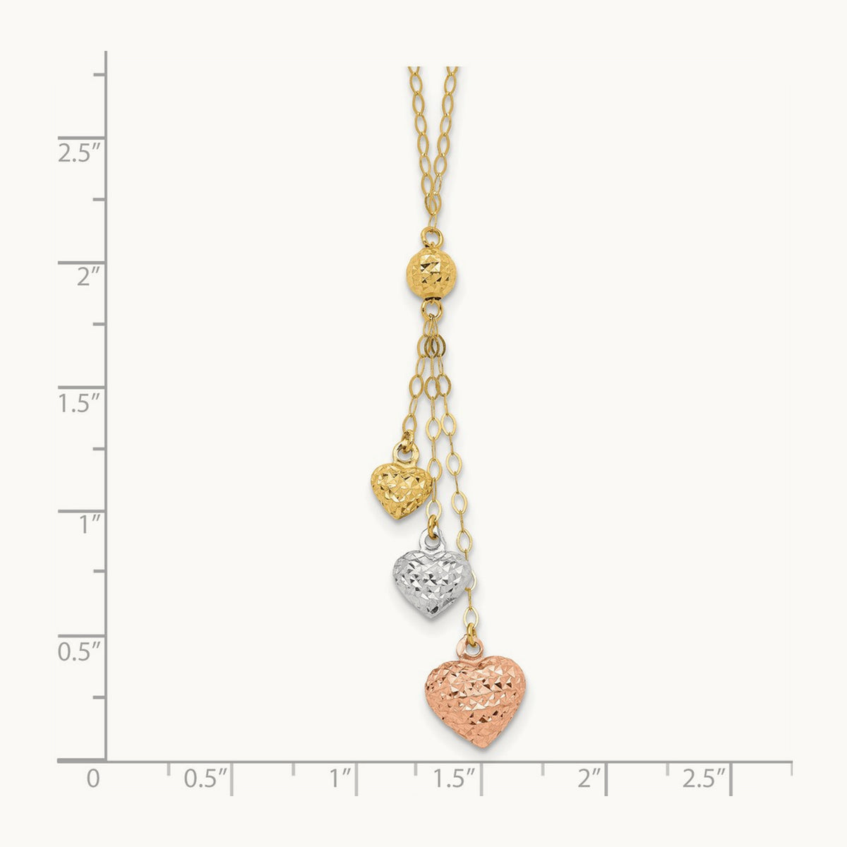 Tri-color Puff Heart Lariat with 2in ext Necklace, 14K