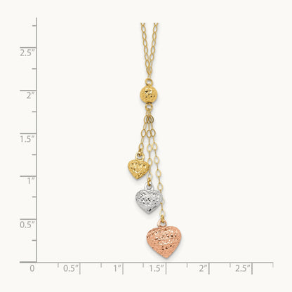 Tri-color Puff Heart Lariat with 2in ext Necklace, 14K
