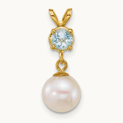 7- Round White FWC Pearl and Blue Topaz Pendant, 8mm, 14K