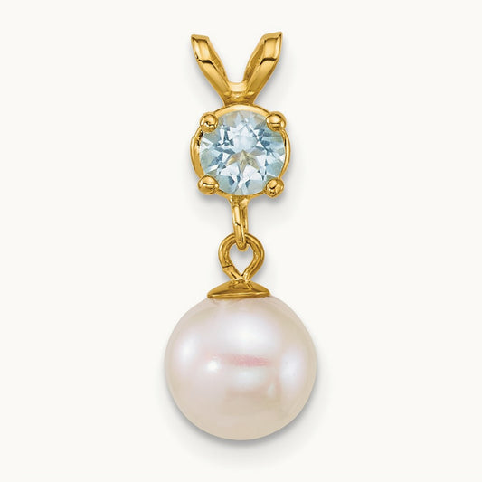 7- Round White FWC Pearl and Blue Topaz Pendant, 8mm, 14K