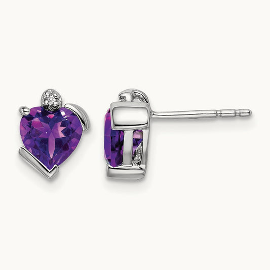 Amethyst and Diamond Heart Earrings, 14K White Gold