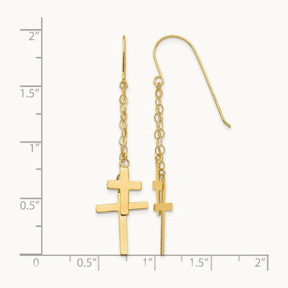 Chain Dangle Cross Shepherd Hook Earrings — 14K Yellow Gold