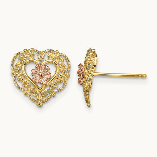 w/ Lace Trim and Flower Heart Post Earrings, 14K Two-tone