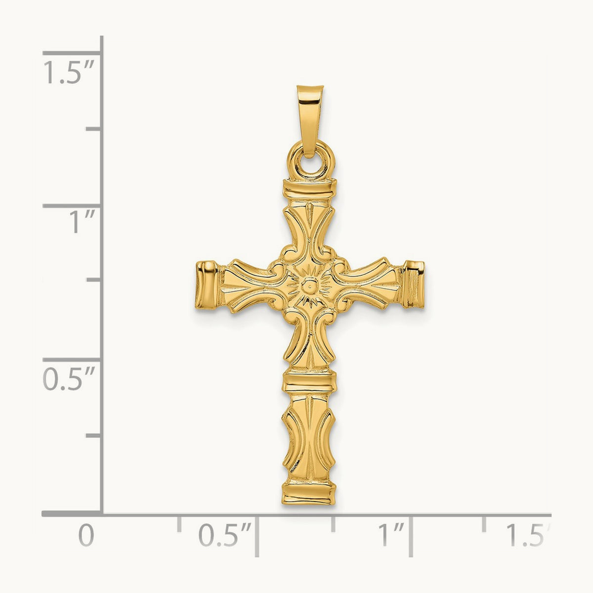 Polished Solid Floral Center Cross Pendant, 14K