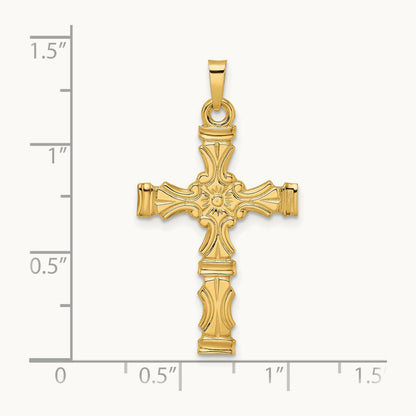 Polished Solid Floral Center Cross Pendant, 14K