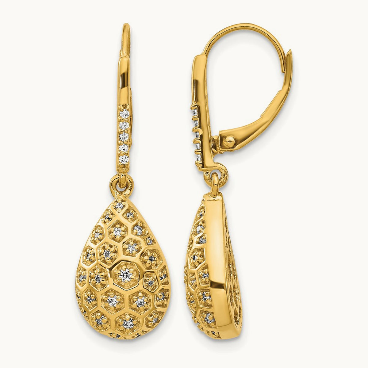 Diamond Honeycomb Leverback Earrings, 14K