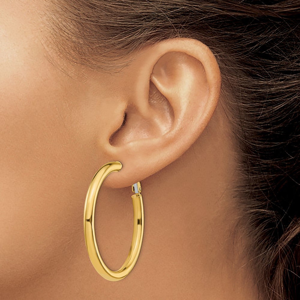Polished Round Omega Back Hoop Earrings — 14K Yellow Gold, 4x45mm