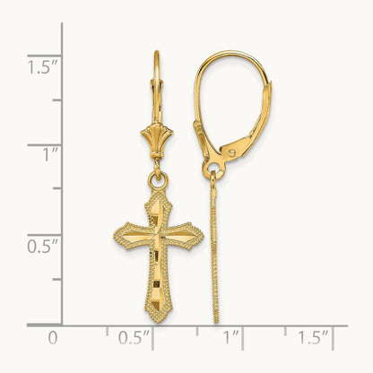 D/C Cross w/ Beaded Edge Leverback Earrings, 14K