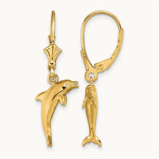 3-D Dolphin Jumping Leverback Earrings, 14K