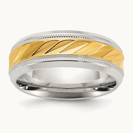 Polished with Yellow IP-plated Grooved Center Band, 8mm, Stainless Steel