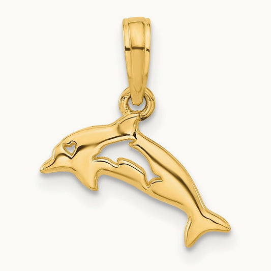 Polished Dolphin with Cut-out Baby Dolphin Pendant, 14K