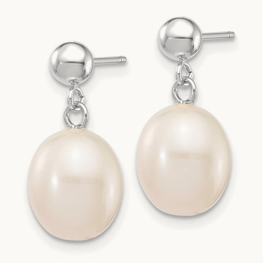 8- White Rice Freshwater Cultured Pearl Post Dangle Earrings, 9mm, 14K White Gold