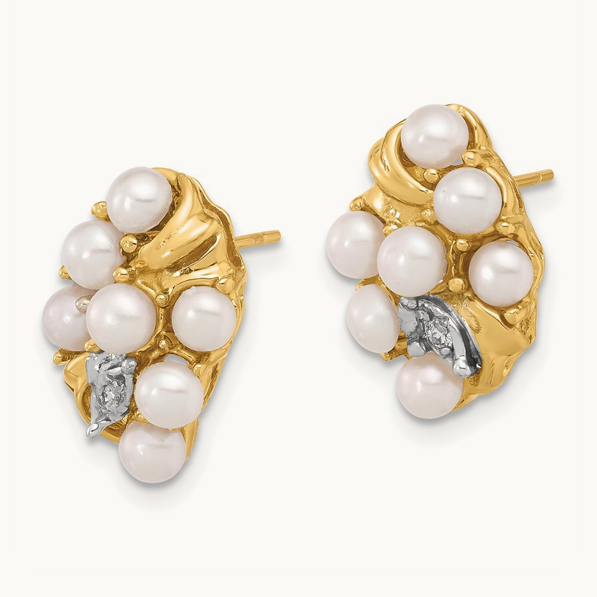 3- Button White FWC Pearl and .02ct Diamond Post Earrings, 4mm, 14K