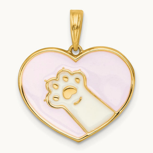 Polished Enamel Paw In Heart Charm, 14K