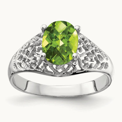 8x6mm Oval Peridot Checker ring, 14K White Gold
