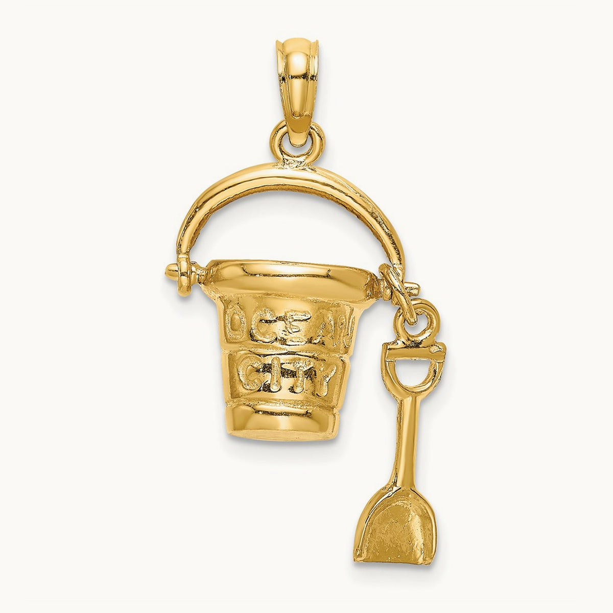 3D OCEAN CITY Bucket w/Shovel Charm, 14K