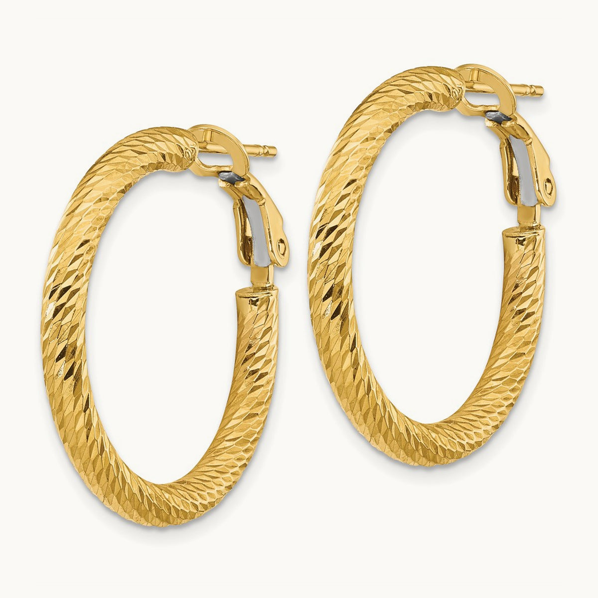 Diamond-cut Round Omega Back Hoop Earrings — 14K Yellow Gold, 3x27mm