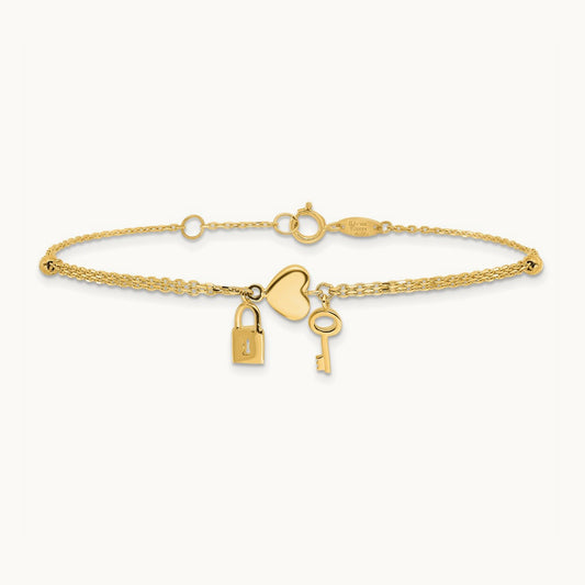 Polished and Diamond-cut Heart Lock and Key w/ .5in ext. Bracelet, 14K