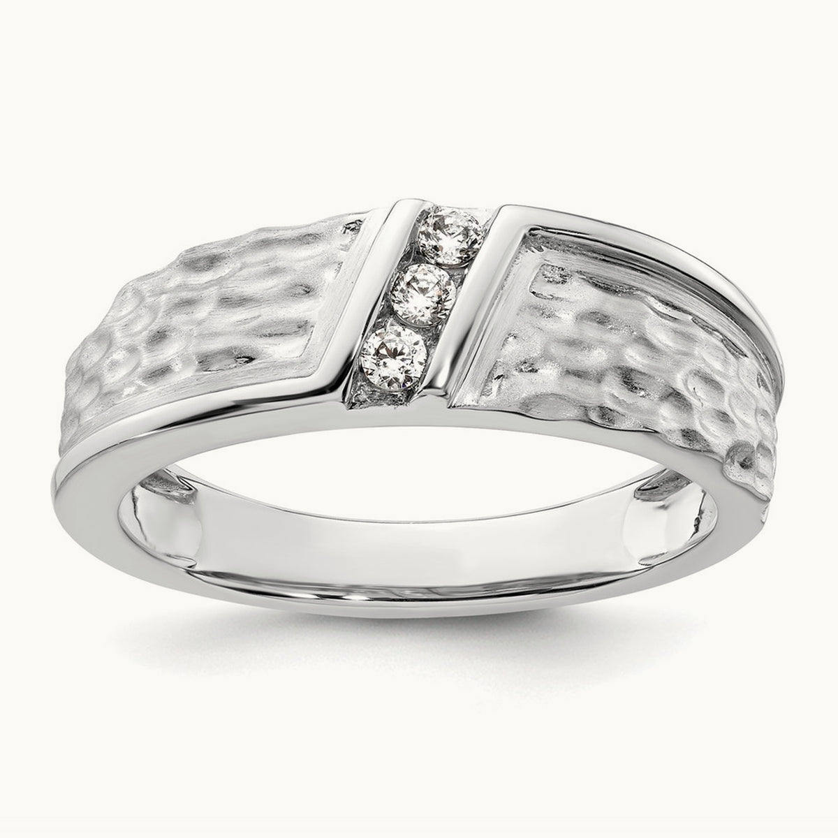 Polish & Satin Hammered Diamond Mens Wedding Band, 14K White Gold
