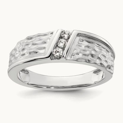 Polish & Satin Hammered Diamond Mens Wedding Band, 14K White Gold