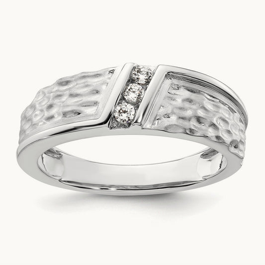 Polish & Satin Hammered Diamond Mens Wedding Band, 14K White Gold