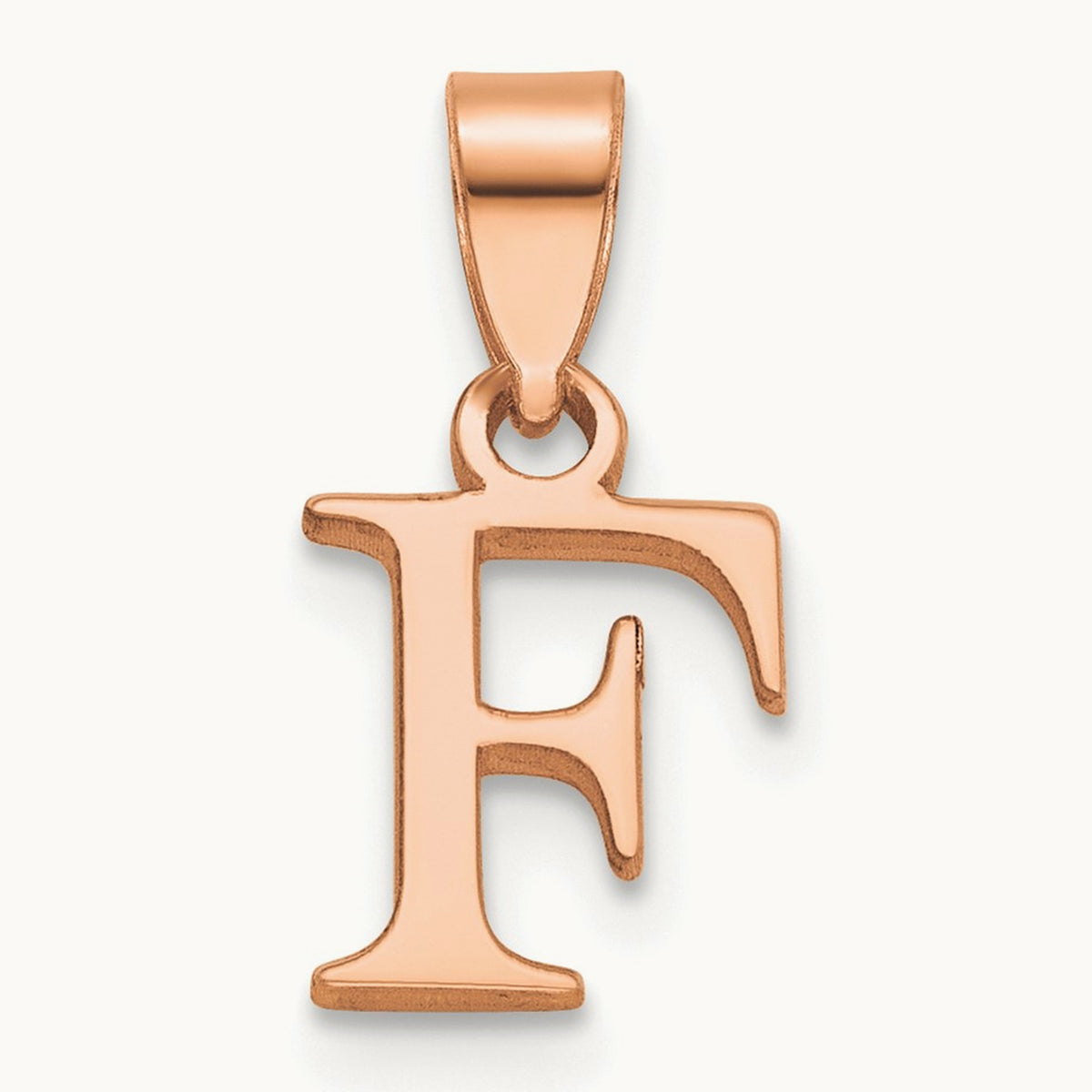 Polished Block Initial Pendant — 14K Rose Gold, F