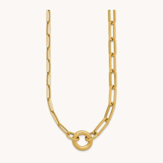 Polished And Brushed Paperclip Link With Circle Necklace, 14K
