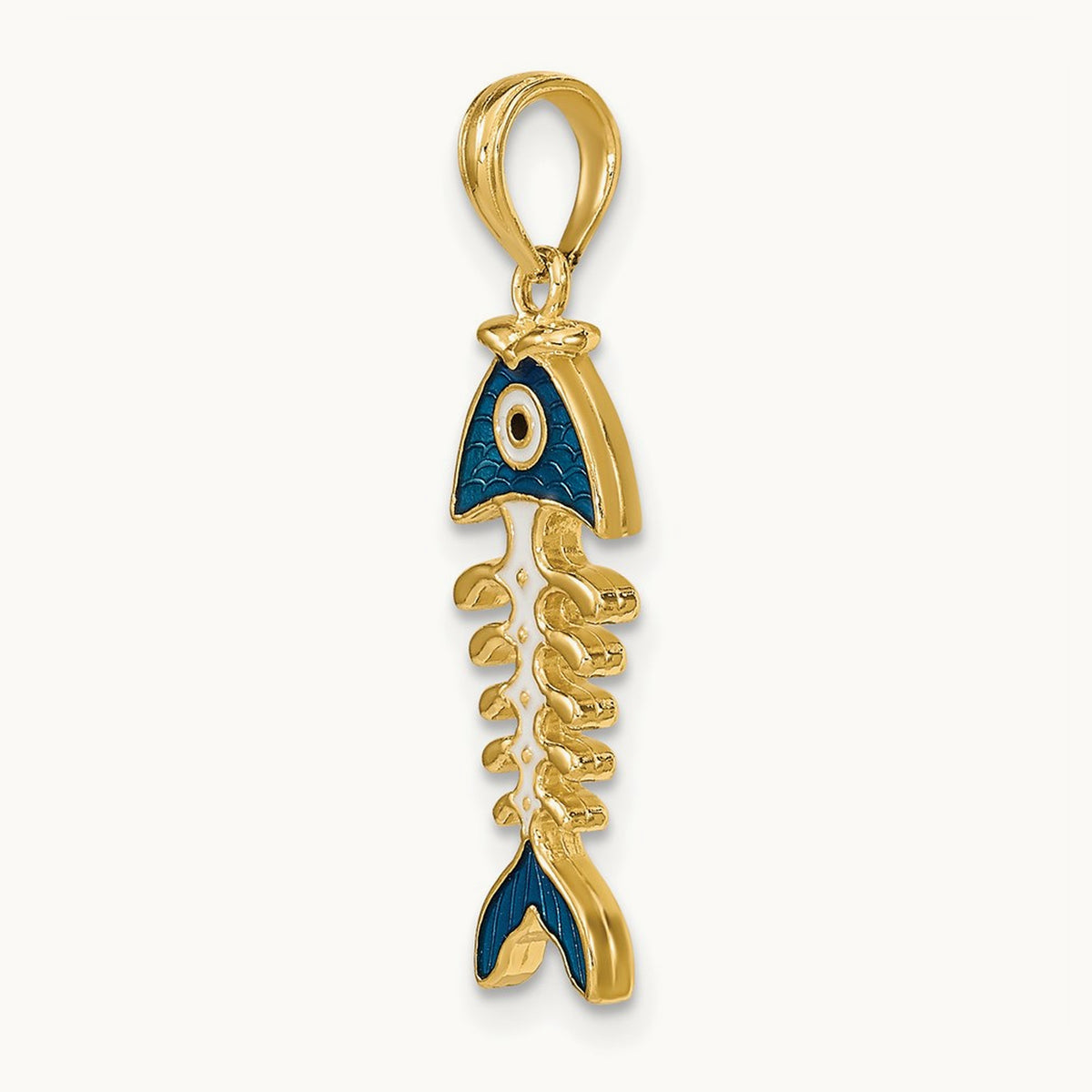 3D Blue Enamel Fish Bone Charm, 14K