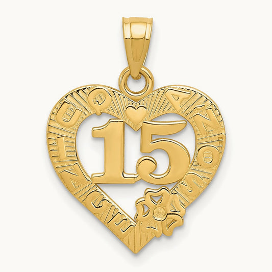 15 in QUINCE ANOS Heart Frame Pendant, 14K