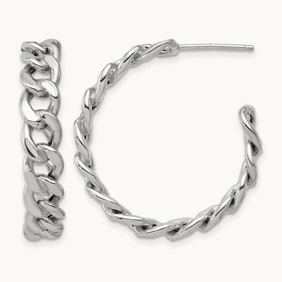 Rhodium-plated Polished Curb Link Post C-Hoop Earrings — 34x6.5mm