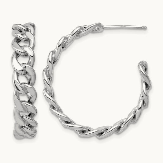 Rhodium-plated Polished Curb Link Post C-Hoop Earrings — 34x6.5mm