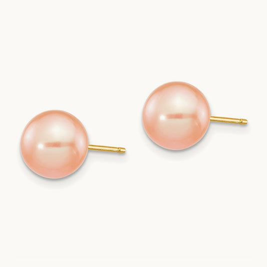 8- Pink Round Freshwater Cultured Pearl Stud Post Earrings, 9mm, 14K