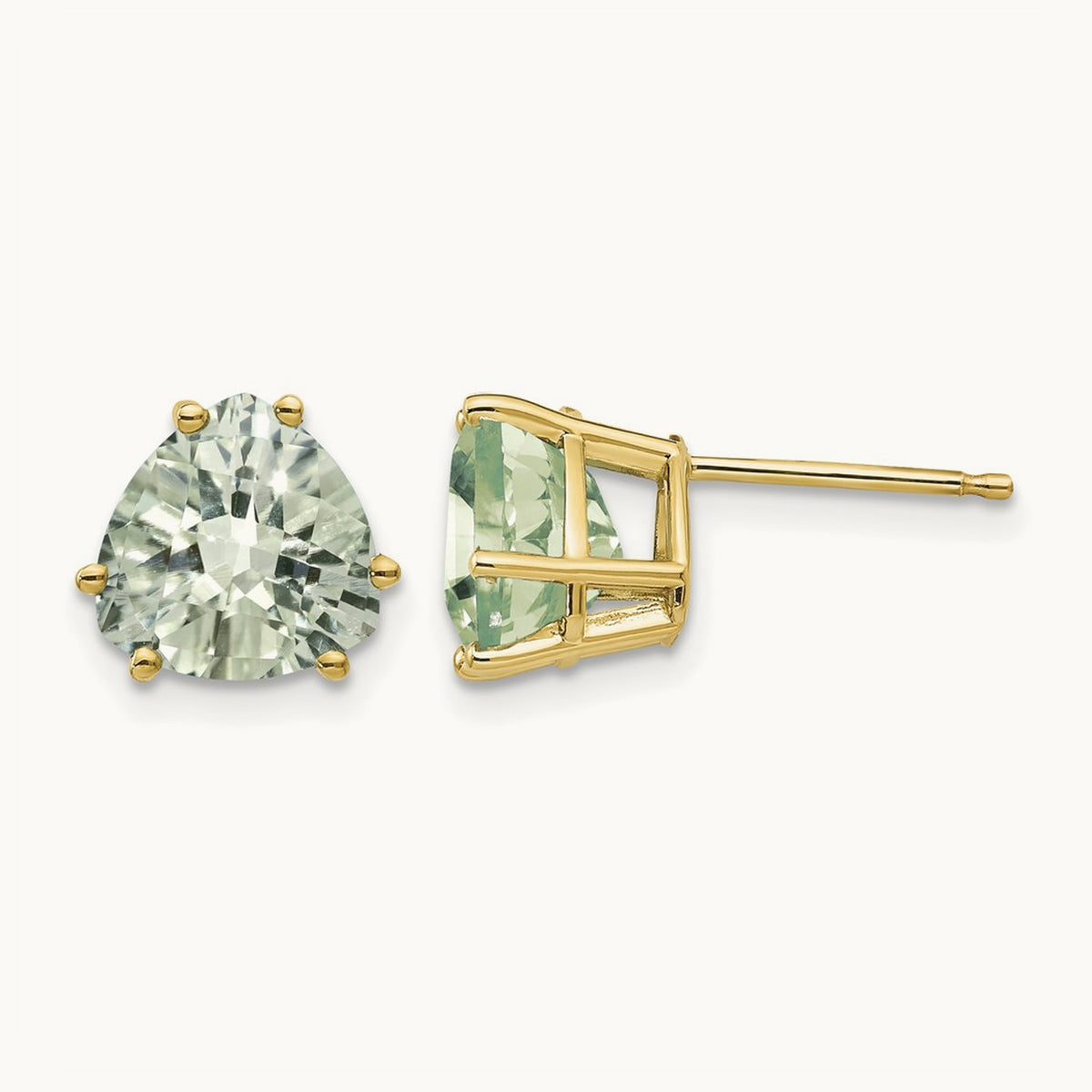 Trillion Checker-Cut Green Quartz Earrings — 14K Yellow Gold, 8mm